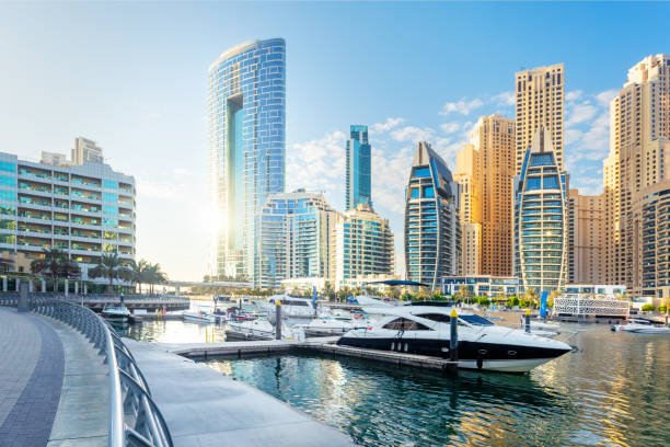 Apartment towers and yachts beside the Dubai Marina waterfront